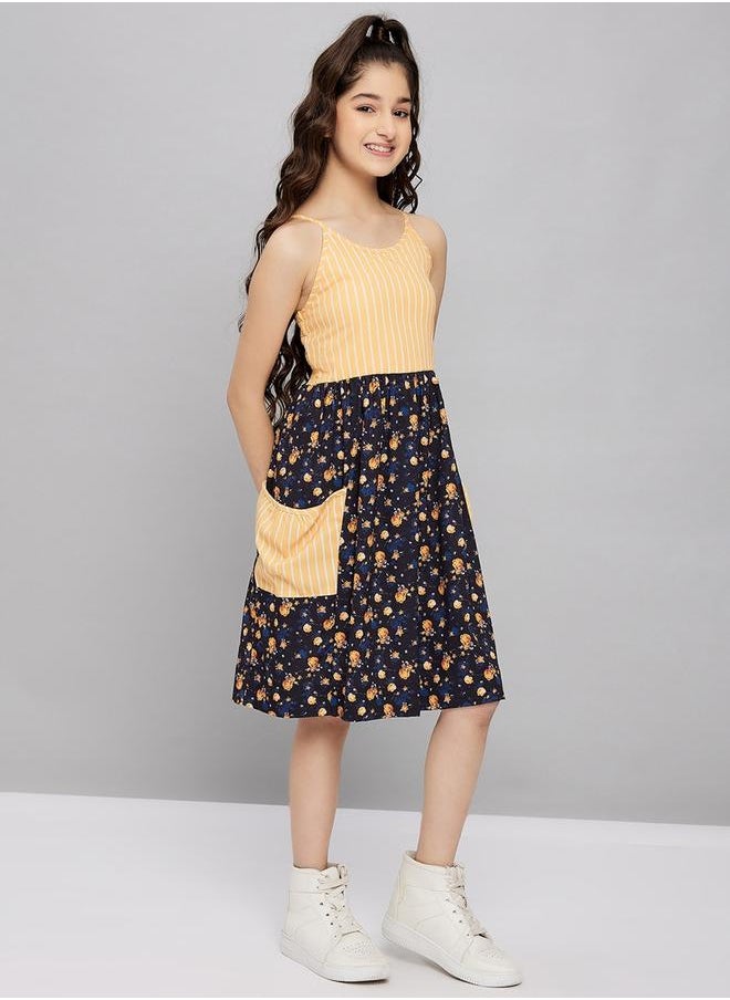 Stylo Bug - Striped Printed Strappy A-Line Dress by Styli - Image 1