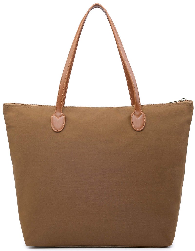 NNEE Water Resistant Light Weight Nylon Tote Bag Handbag - Large Size, Light Brown - Image 2