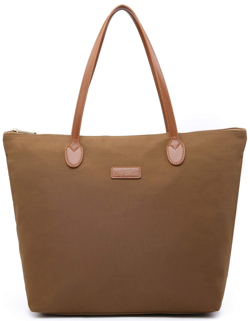 NNEE Water Resistant Light Weight Nylon Tote Bag Handbag - Large Size, Light Brown - Image 1
