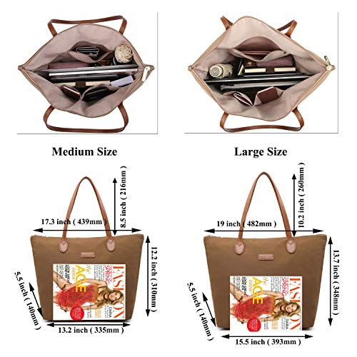 NNEE Water Resistant Light Weight Nylon Tote Bag Handbag - Large Size, Light Brown - Image 4
