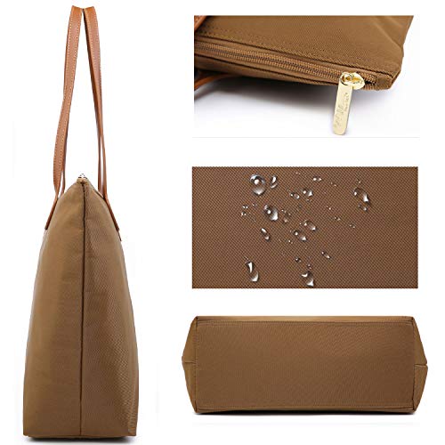 NNEE Water Resistant Light Weight Nylon Tote Bag Handbag - Large Size, Light Brown - Image 3