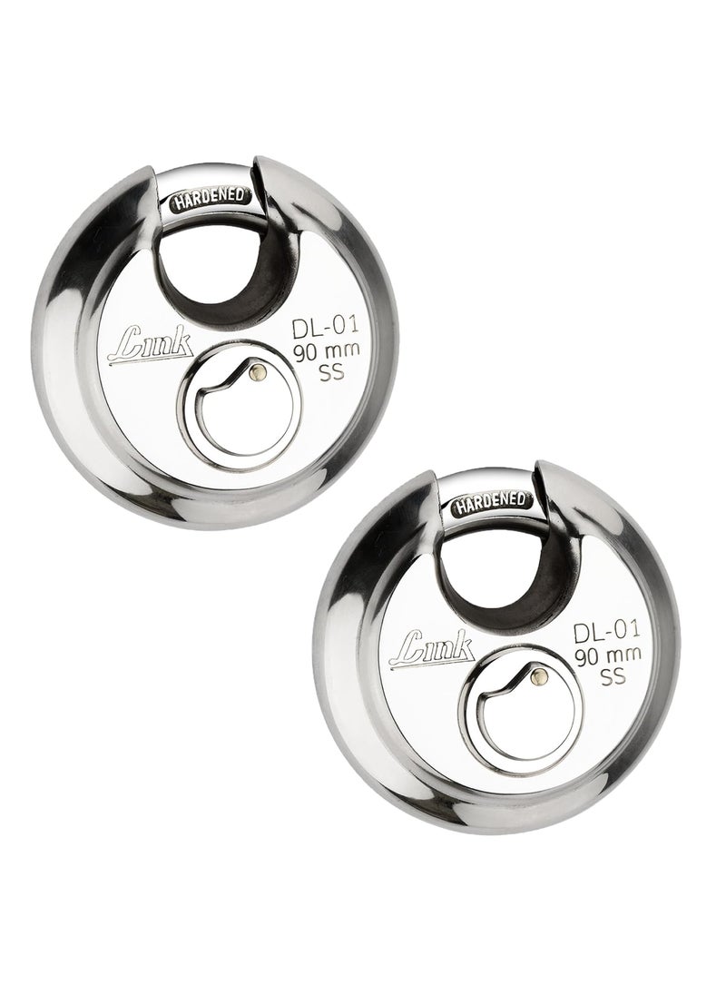 Link Link HiTech 90mm Round Padlock Stainless Steel Body Hardened Shackle 3 Silver Keys with HiTech Nickle Made in India Pack of 2  - Image 1