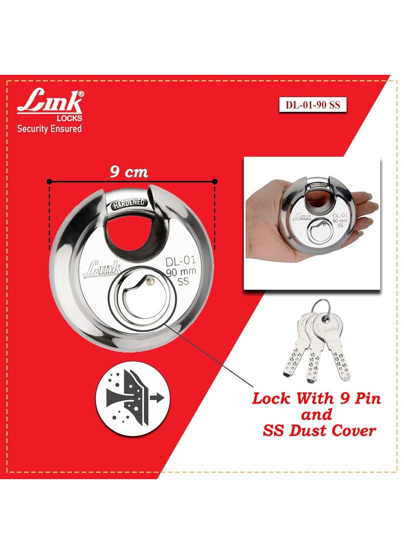 Link Link HiTech 90mm Round Padlock Stainless Steel Body Hardened Shackle 3 Silver Keys with HiTech Nickle Made in India Pack of 2  - Image 4