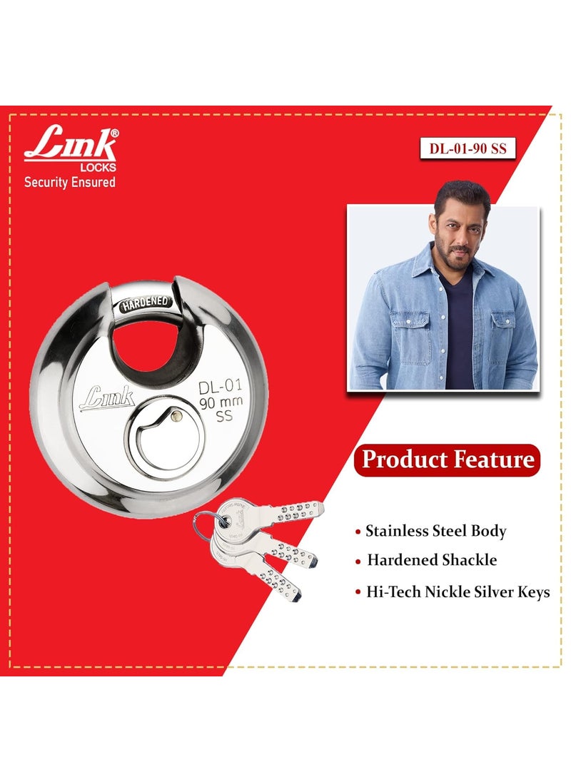 Link Link HiTech 90mm Round Padlock Stainless Steel Body Hardened Shackle 3 Silver Keys with HiTech Nickle Made in India Pack of 2  - Image 3