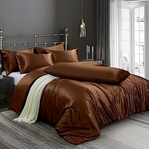 Ersmak 6 Pieces Satin Duvet Cover Full/Queen Size Luxury Silky Bedding Duvet Cover Set with 1 Soft Duvet Cover, 4 Queen Pillowcases and 1 Body Pillowcase, Brown - Image 1