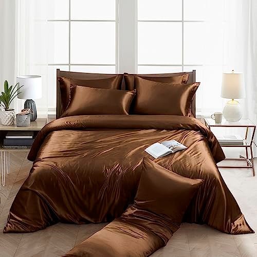 Ersmak 6 Pieces Satin Duvet Cover Full/Queen Size Luxury Silky Bedding Duvet Cover Set with 1 Soft Duvet Cover, 4 Queen Pillowcases and 1 Body Pillowcase, Brown - Image 3