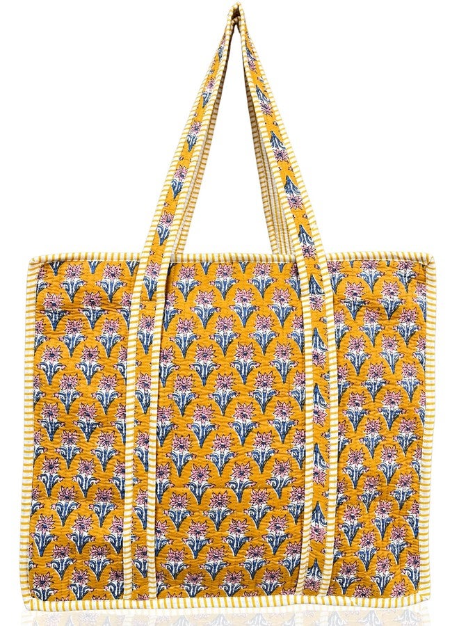 Third Eye Export 100% Cotton Quilted Tote Bag 18x16- Large Zipper Beach Bag & Travel Bag Green Purse Reusable Grocery Bags, Gamboge Cherry Block Print, 18X16 Inches - Image 1