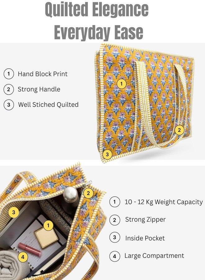 Third Eye Export 100% Cotton Quilted Tote Bag 18x16- Large Zipper Beach Bag & Travel Bag Green Purse Reusable Grocery Bags, Gamboge Cherry Block Print, 18X16 Inches - Image 4