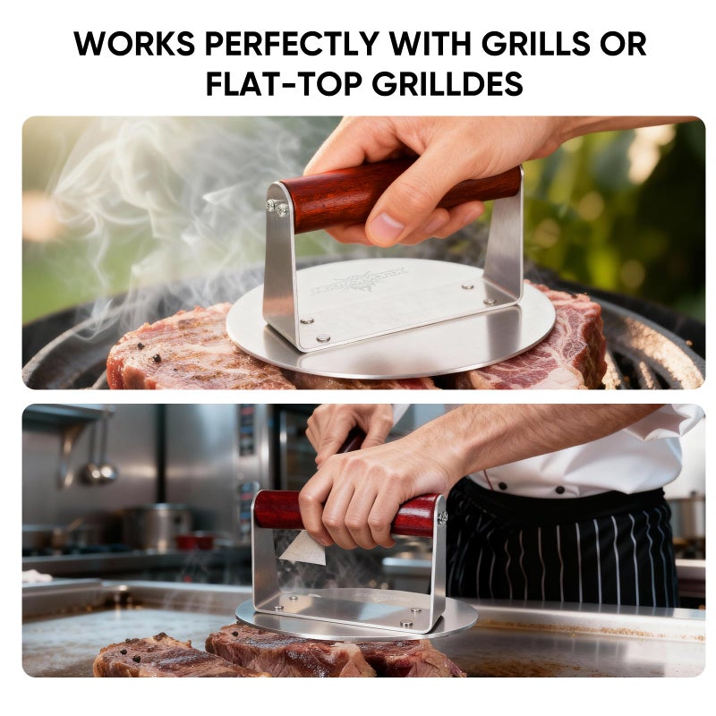 XUDAKAIXIN Stainless Steel Smash Burger Press 6.3",Hamburger Smasher Tool,BBQ Griddle Accessories for Hamburger, Steak, Meat,Perfect for Blackstone, Camp Chef, & Indoor Griddles (Round) - Image 5