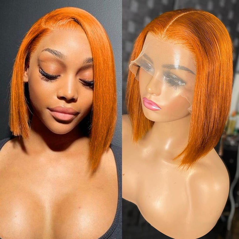 Flady Ginger Orange Bob Wig Human Hair 13x4 HD Lace Front Wigs Human Hair Pre Plucked with Small Knots 150 Density 350 Colored Lace Frontal Bob Wigs Straight Bob Wigs for Black Women 10 inch