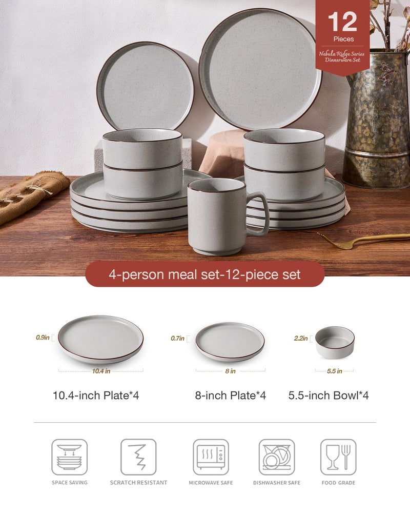 Famiware Nebula Ridge Stoneware Dinnerware Sets, Plates and Bowls Sets for 4, 12 Pieces Dishes Set, Microwave and Dishwasher Safe Kitchen Plates, Light Gray - Image 2