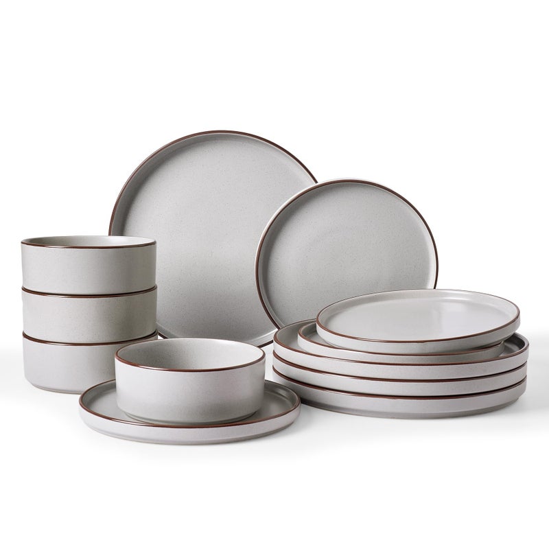 Famiware Nebula Ridge Stoneware Dinnerware Sets, Plates and Bowls Sets for 4, 12 Pieces Dishes Set, Microwave and Dishwasher Safe Kitchen Plates, Light Gray - Image 1