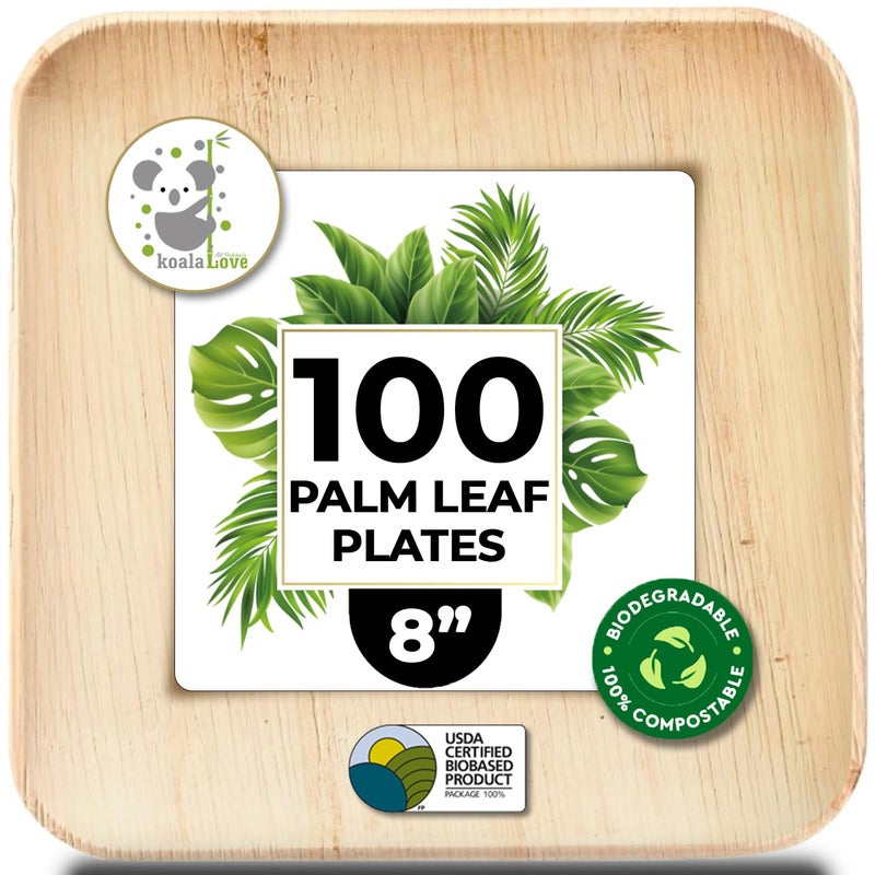 KoalaLove Palm Leaf Plates Bamboo Plates Disposable Square 8 inch 100 Bulk Party Pack Elegant Sturdy Design Better Than Paper and Plastic KoalaLovePLP8IN100Plates