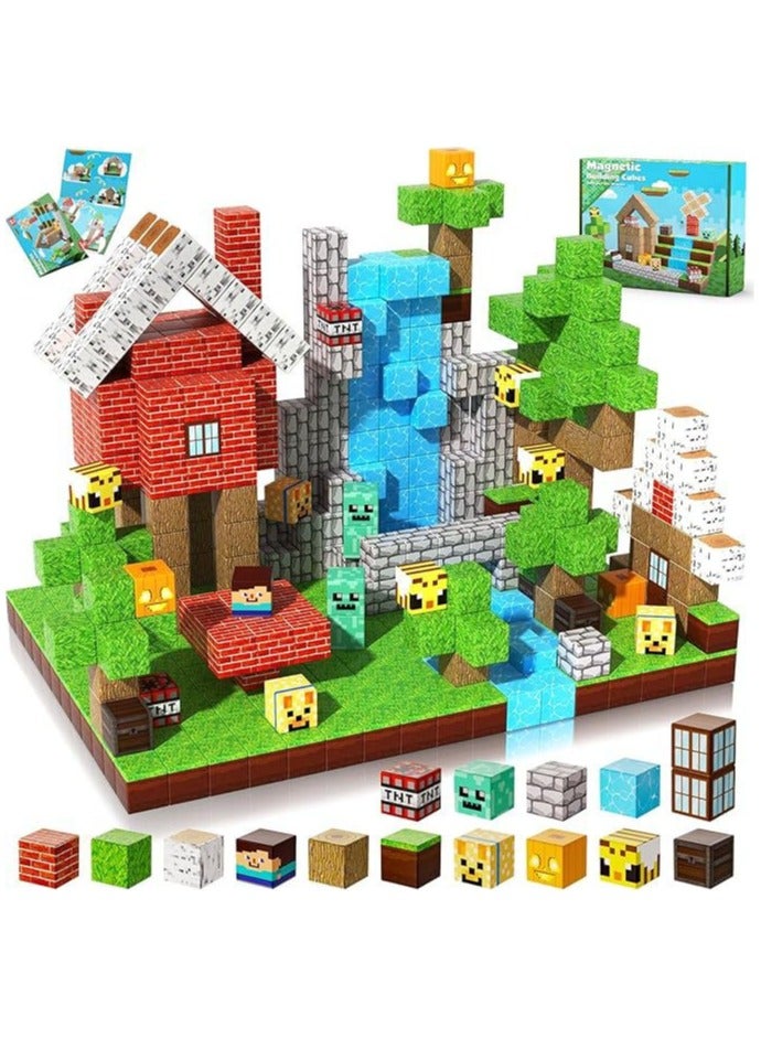 100 Pieces High-Strength Magnetic Building Blocks Magnetic Building Blocks Magnet Cube Toys Stacking, Build a Forest World Set, STEM Montessori Sensory Toys for 3 4 5 6 7 8 9 10 Boys Girls Birthday Gift - Image 1
