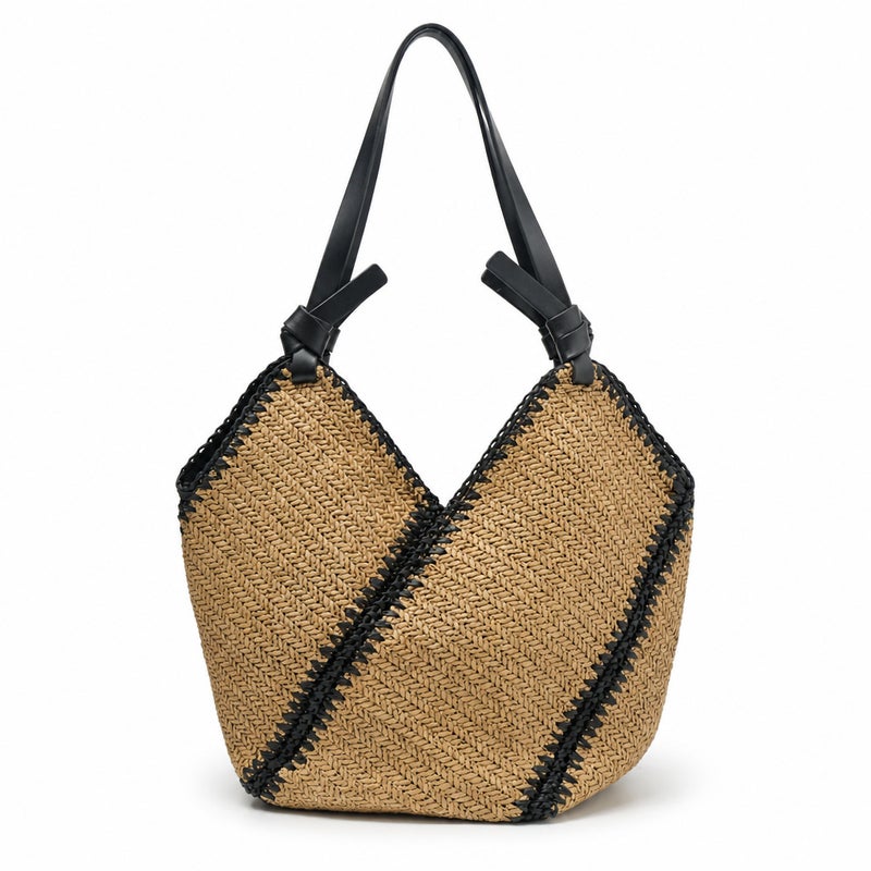 Women's Handwoven Striped Paper Tote Bag, Large Capacity - Image 5
