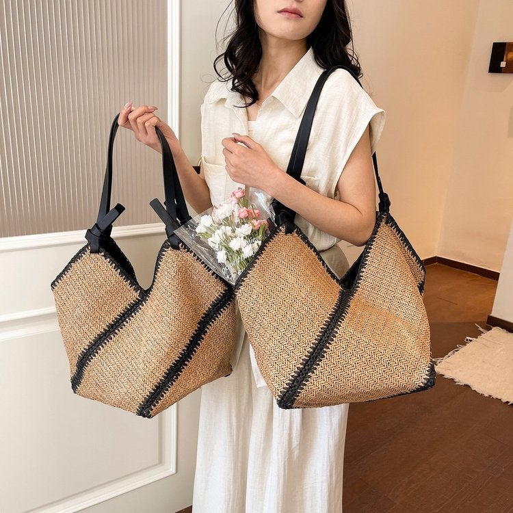 Women's Handwoven Striped Paper Tote Bag, Large Capacity - Image 4