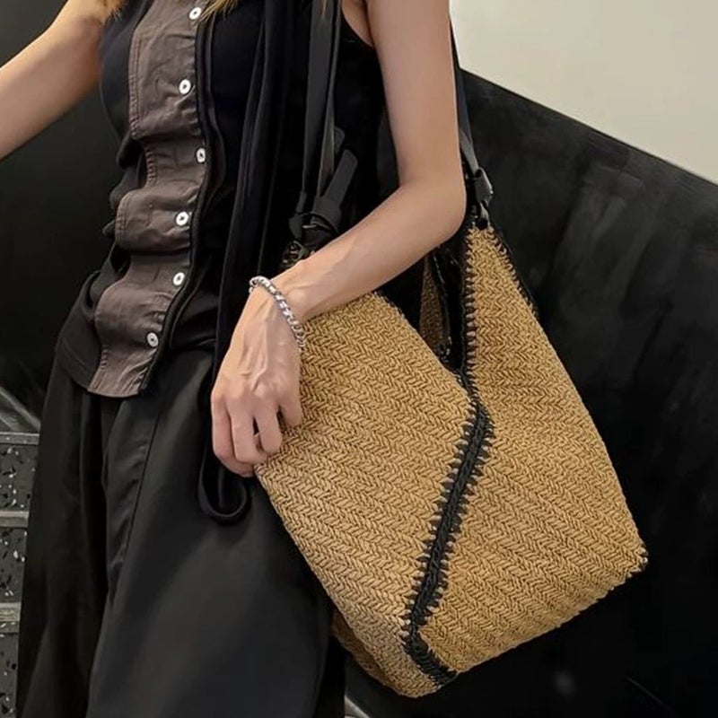 Women's Handwoven Striped Paper Tote Bag, Large Capacity - Image 2