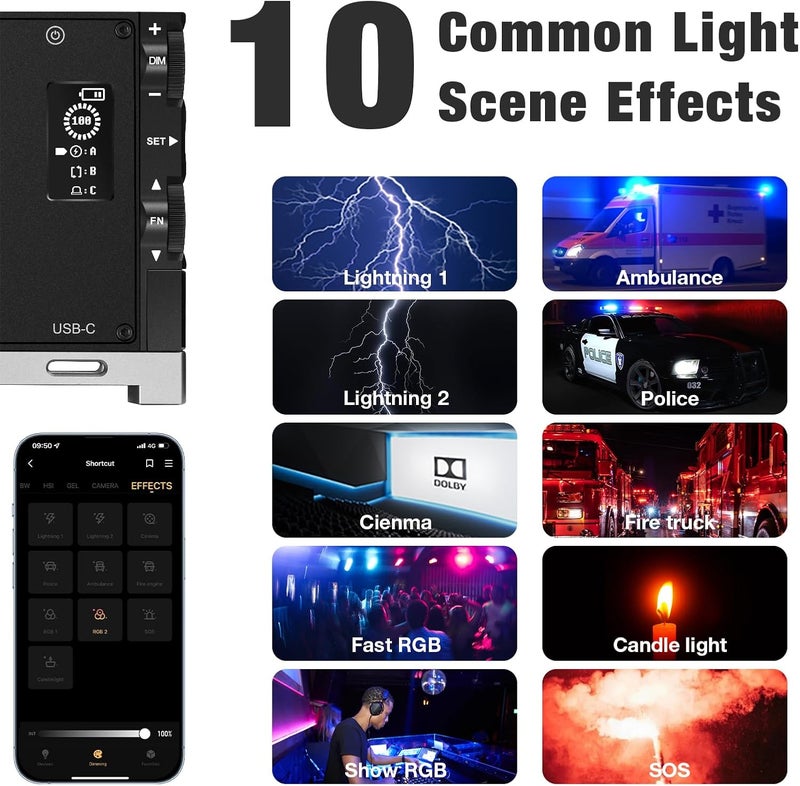 Pixel G1s RGB Video Light with APP Control, 12W 6400mAh 210 Minutes Rechargeable Battery LED Camera Light, 10 Common Lighting Effects, CRI≥97 2500-8500K LED Video Light with Aluminum Alloy Body - Image 4