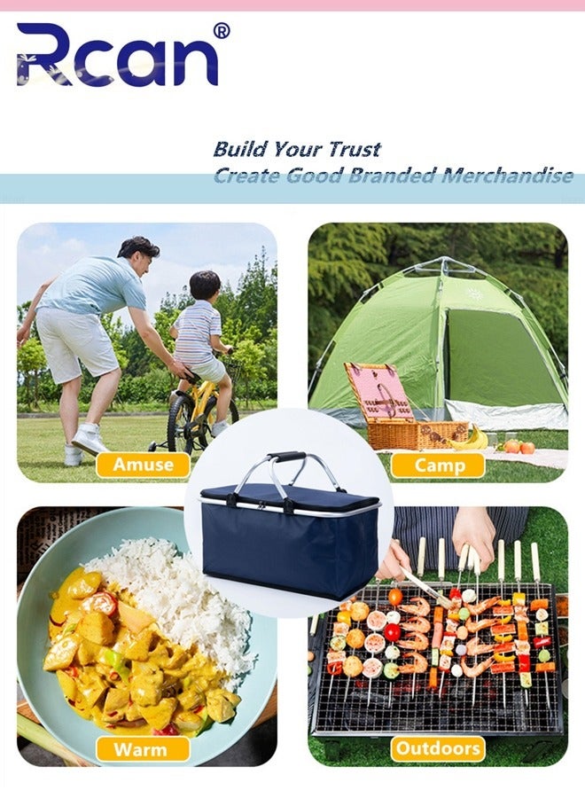 Rcan Large-Capacity Picnic Basket, Folding Portable Lunch Bag, Oxford Cloth Waterproof Insulated Aluminum Frame Basket, 30L Cooler Bag Basket for Camping, Travel, Outdoor Party - Image 4