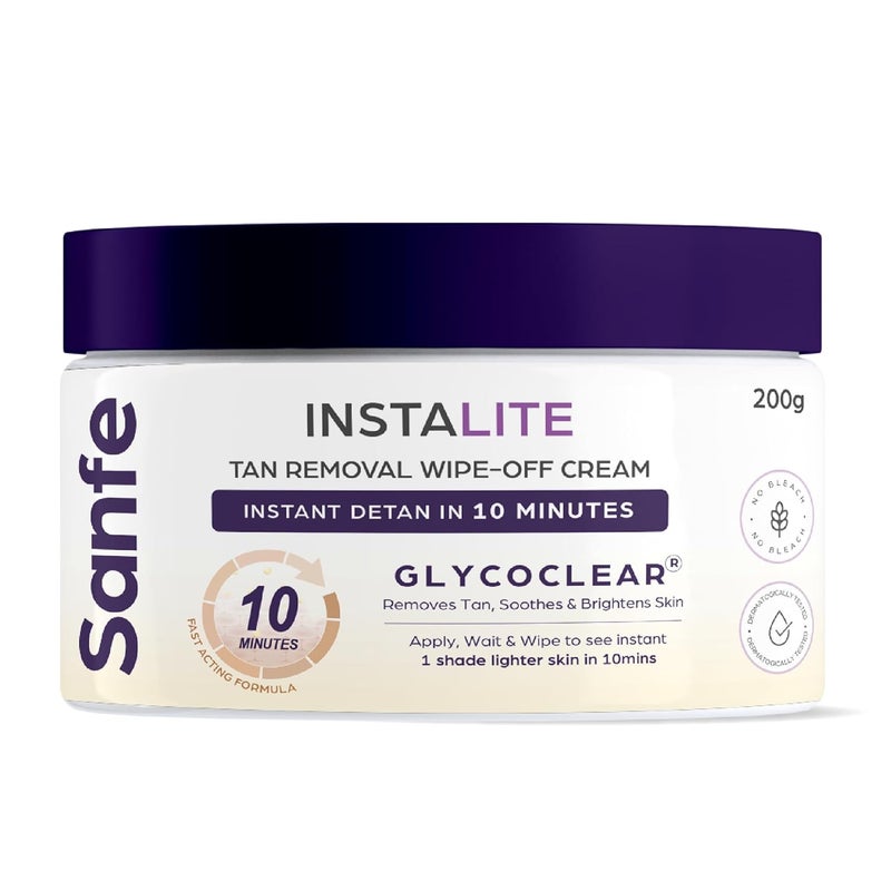 Sanfe Detan Cream Instalite Detan Wipe Off 200 gm With Glycoclear Technology 1 Tone Brighter in 10 mintues For Legs Arms Underarms and Back Detan Cream Pack for Tan Removal Glowing Skin - Image 1