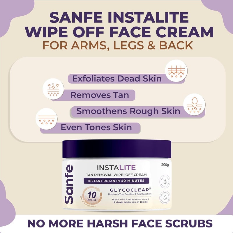 Sanfe Detan Cream Instalite Detan Wipe Off 200 gm With Glycoclear Technology 1 Tone Brighter in 10 mintues For Legs Arms Underarms and Back Detan Cream Pack for Tan Removal Glowing Skin - Image 3