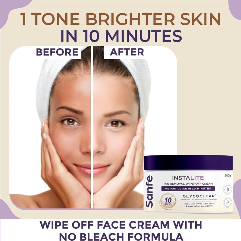 Sanfe Detan Cream Instalite Detan Wipe Off 200 gm With Glycoclear Technology 1 Tone Brighter in 10 mintues For Legs Arms Underarms and Back Detan Cream Pack for Tan Removal Glowing Skin - Image 2