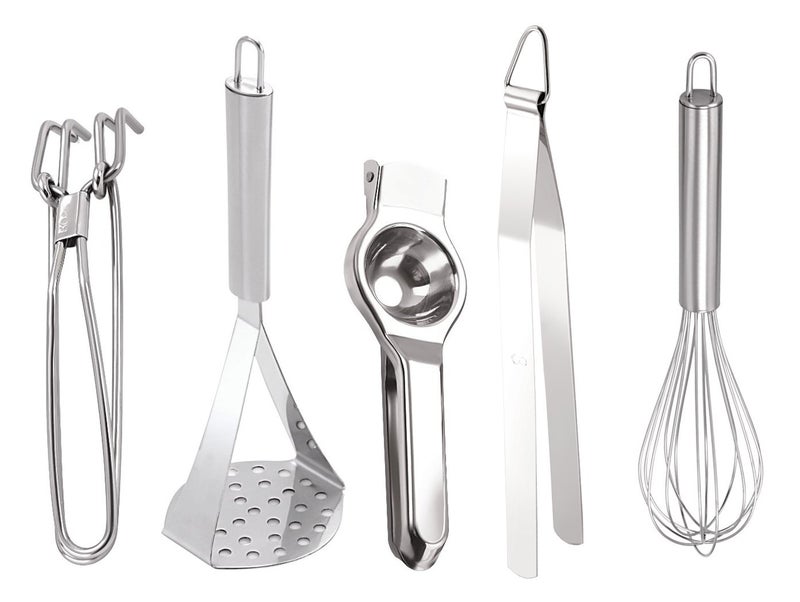Petals Kitchen Tools/Utilities Set of 5 (Whisk,Potato Masher,Lemon Squeezer with Opener,chimta Tong;Doctor pakkad Lifter) - Image 1