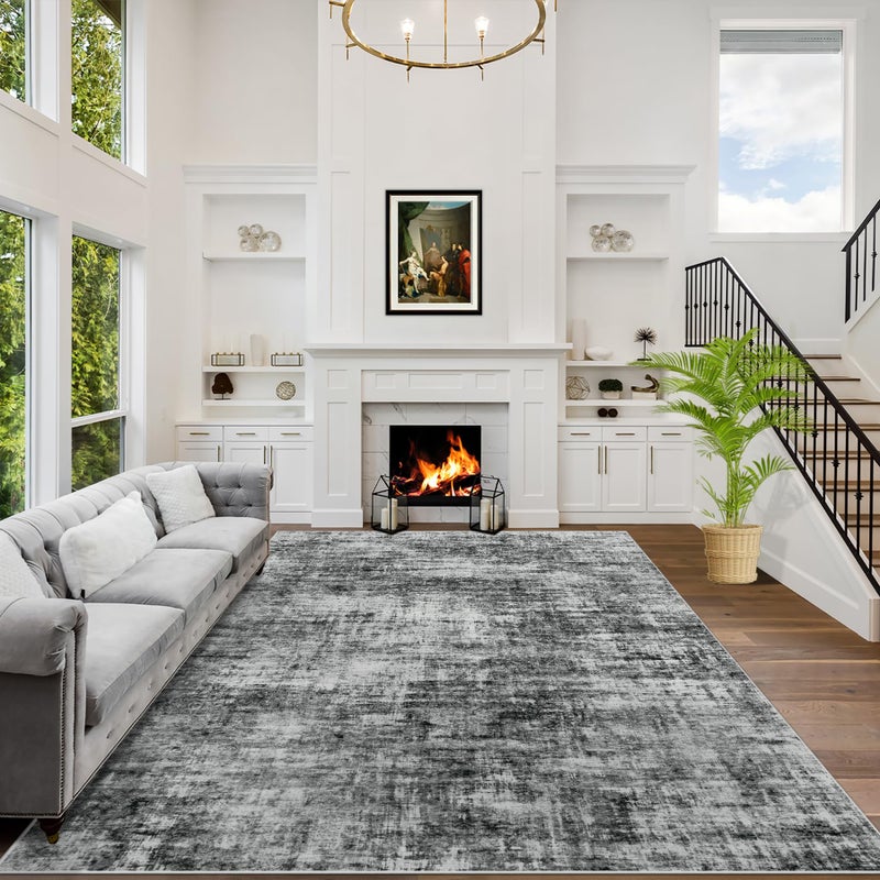 Gent drizz 9x12 Area Rugs Washable Rug: Modern Abstract Living Room Rug Soft Anti-Skid Thin Carpet Indoor Floor Non-Shedding Carpets for Bedroom Dining Room Farmhouse Nursery Home Office Black - Image 1