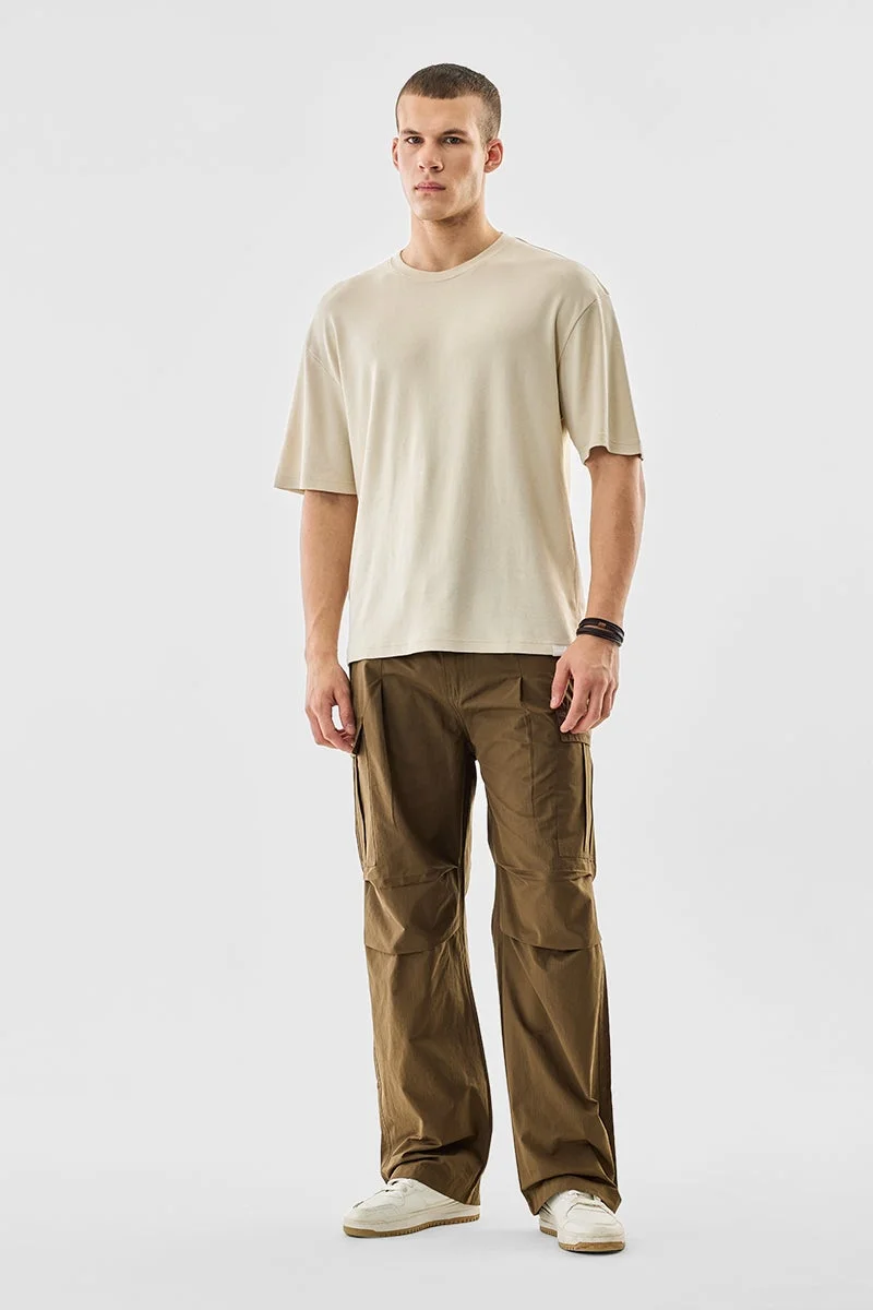 SNITCH Beige Solid Half Sleeve Oversized Core Lab T-Shirt