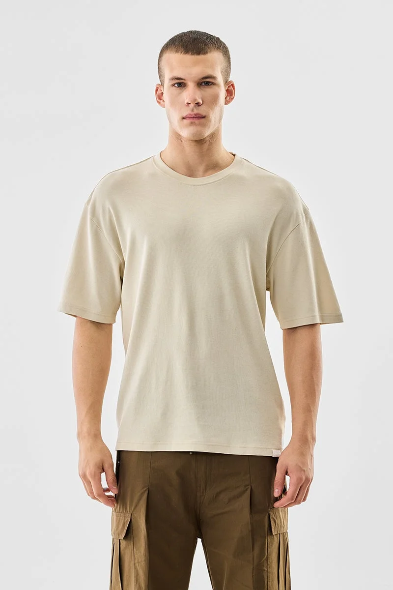 SNITCH Beige Solid Half Sleeve Oversized Core Lab T-Shirt