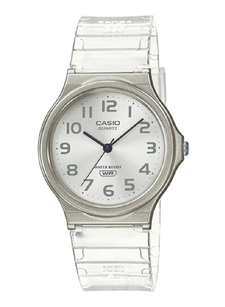 كاسيو ساعة كاسيو للجنسين، كاجوال، انالوج بعقارب، لون شفاف، مينا فضي، سوار من الراتنج MQ-24S-7BDF. - Image 1