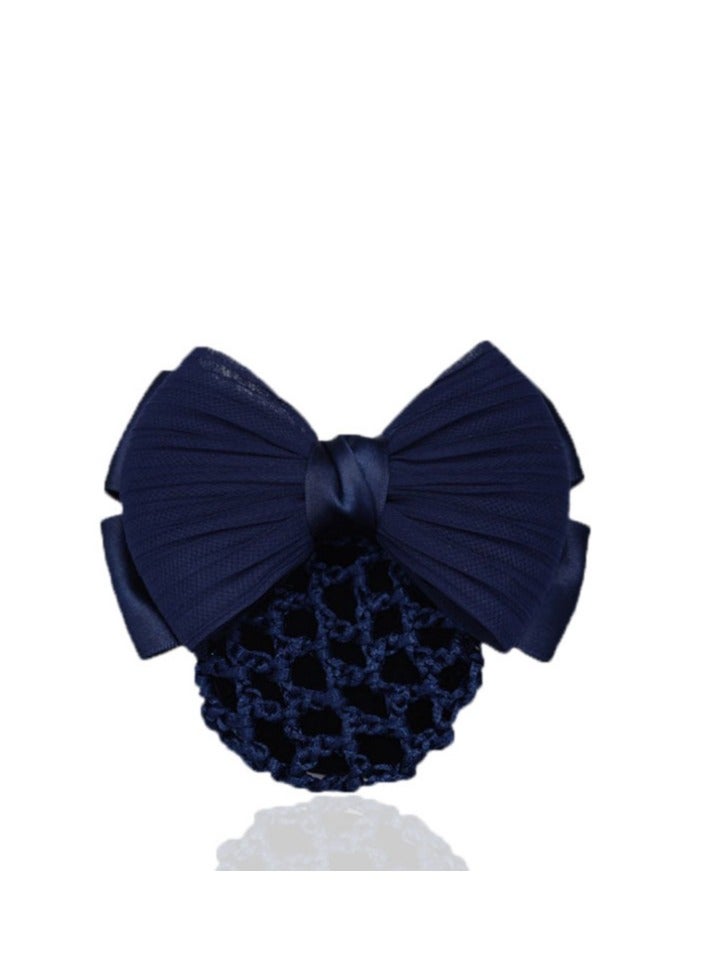 Women Hair Snood Net Bowknot Decor Barrette Elastic Mesh Hair Bun Cover,Navy Blue - Image 1
