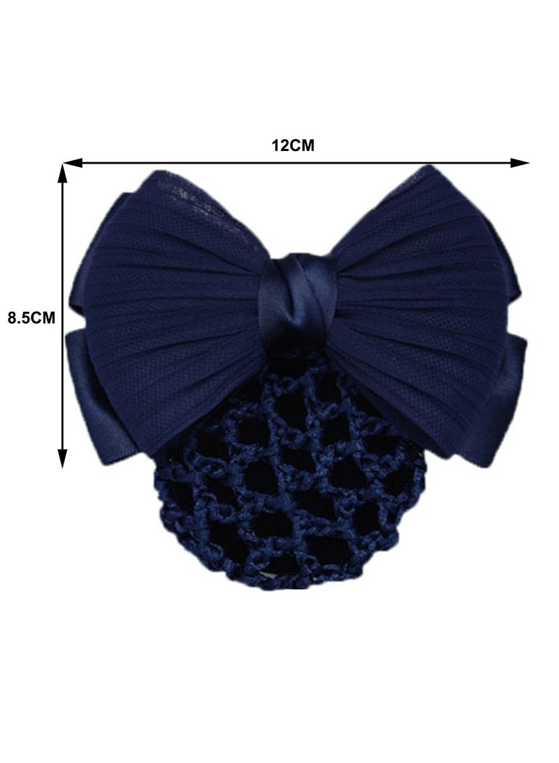 Women Hair Snood Net Bowknot Decor Barrette Elastic Mesh Hair Bun Cover,Navy Blue - Image 2