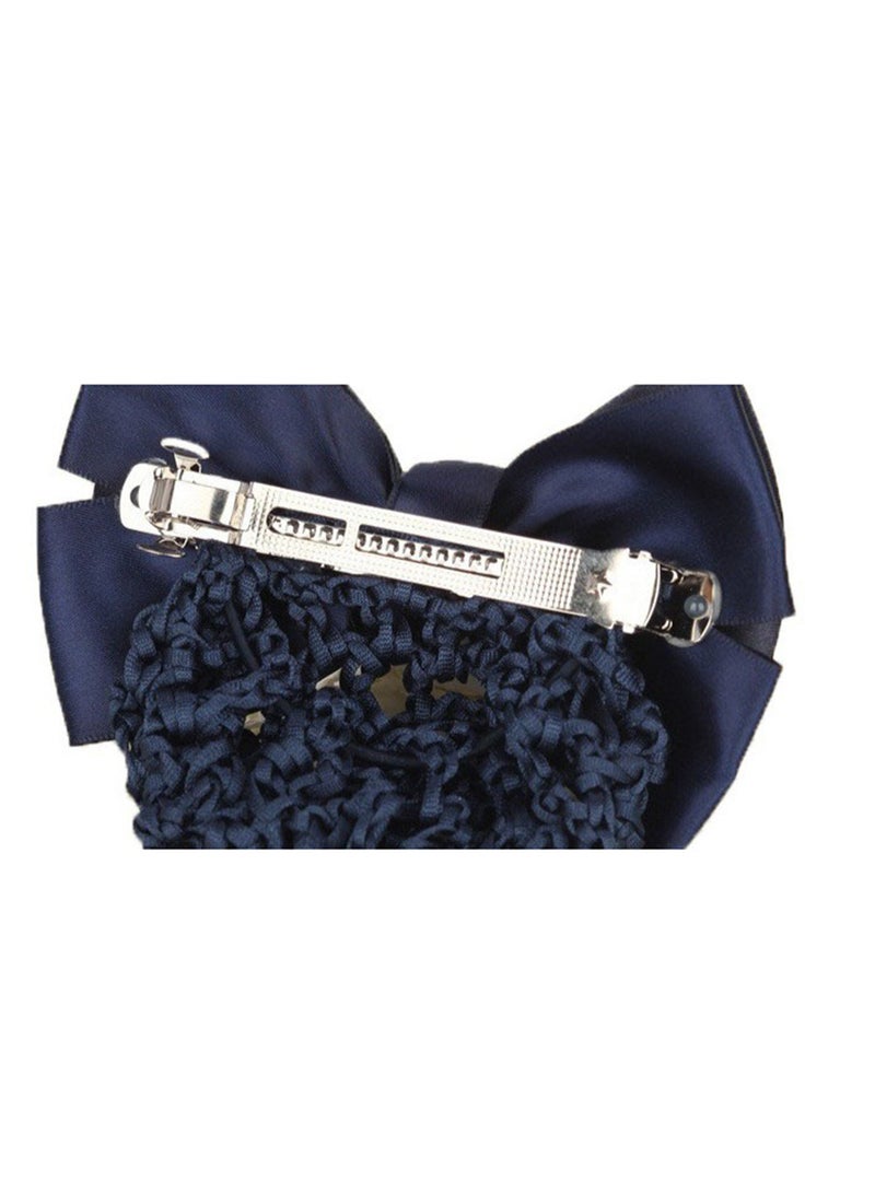 Women Hair Snood Net Bowknot Decor Barrette Elastic Mesh Hair Bun Cover,Navy Blue - Image 3