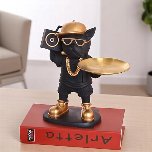 SkyKey Hip Hop Dog Resin Tray | Funky Bulldog Figurine with Boombox, Gold Chain & Sunglasses | Decorative Key Holder & Coin Tray for Entryway, Office Desk, or Living Room, (Black) - Image 2