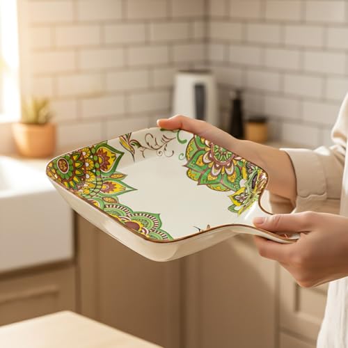 Lemon Tree Ceramic Matt Finish Square Platter with Handle, Coloured Print Design, 9.5 x 9.5 cm, 4.5 cm Height for Snacks Desserts Savouries Veggies Chips Cookies Fruits, Salad Pasta Serving (Green) - Image 5
