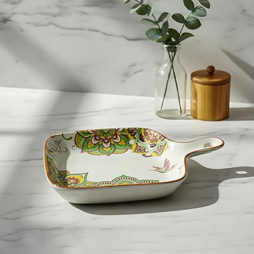 Lemon Tree Ceramic Matt Finish Square Platter with Handle, Coloured Print Design, 9.5 x 9.5 cm, 4.5 cm Height for Snacks Desserts Savouries Veggies Chips Cookies Fruits, Salad Pasta Serving (Green) - Image 1