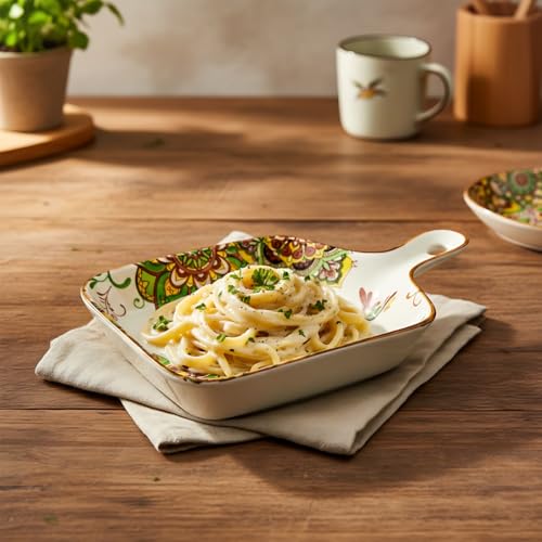 Lemon Tree Ceramic Matt Finish Square Platter with Handle, Coloured Print Design, 9.5 x 9.5 cm, 4.5 cm Height for Snacks Desserts Savouries Veggies Chips Cookies Fruits, Salad Pasta Serving (Green) - Image 4