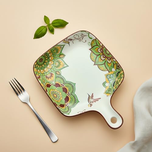 Lemon Tree Ceramic Matt Finish Square Platter with Handle, Coloured Print Design, 9.5 x 9.5 cm, 4.5 cm Height for Snacks Desserts Savouries Veggies Chips Cookies Fruits, Salad Pasta Serving (Green) - Image 3