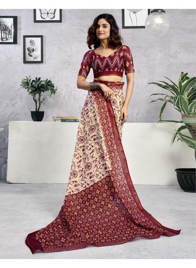 SIRIL ساري سيريلي النسائي من القطن الخالص مزخرف بتصميم وورلي مع قطعة بلوزة غير مخيطة (38RS137 - بيج فاتح وقرمزي) - Image 5