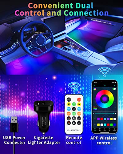 YM EBright YM E-Bright RGB LED Strip Lights for Car App Control with Remote Led Lights car Interior with Charger Music Sync Under Dash Footwell Neon Lighting Kit w/USB Cable DC 12V - Image 4