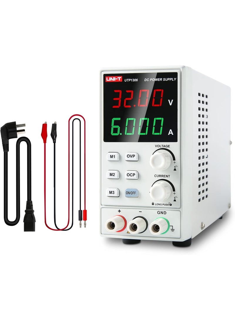 UNI-T DC Power Supply Variable Adjustable Bench Power Supply Switching Regulated 32V 6A OVP OCP OTP 4 Digits LED Display with Plug Adapter Power Cord Output Cables UTP1306