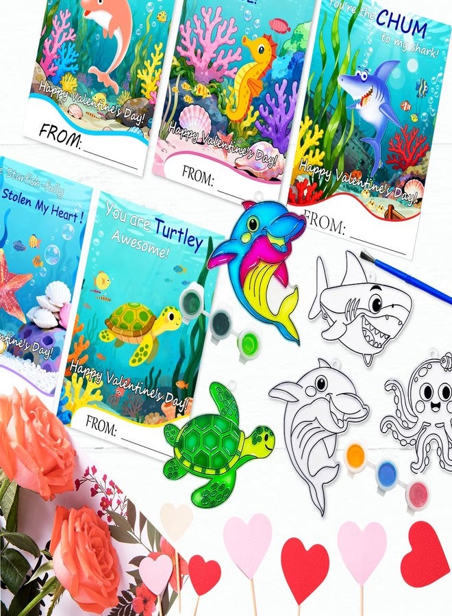 AUEKIV 30Sets Valentine Card Ocean Animal Suncatcher Kit Sea Animals Suncatchers DIY Window Art Paint Craft Kits Under The Sea Sun Catchers for Valentine's Day Classroom Party Gift Exchange (ocean animals) - Image 2