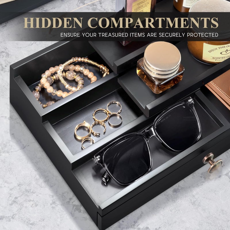 EOSAHR Modern Wooden Cologne Organizer for Men - 3 Tier Cologne Stand with Storage Drawer and Hidden Compartment - Perfume Organizer for Dresser (Black) - Image 5
