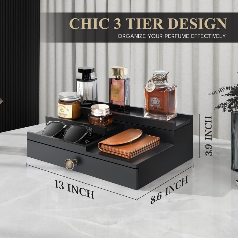 EOSAHR Modern Wooden Cologne Organizer for Men - 3 Tier Cologne Stand with Storage Drawer and Hidden Compartment - Perfume Organizer for Dresser (Black) - Image 4