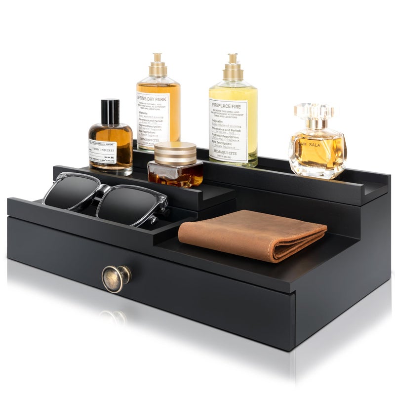 EOSAHR Modern Wooden Cologne Organizer for Men - 3 Tier Cologne Stand with Storage Drawer and Hidden Compartment - Perfume Organizer for Dresser (Black) - Image 1