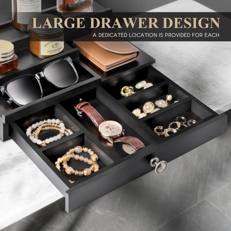 EOSAHR Modern Wooden Cologne Organizer for Men - 3 Tier Cologne Stand with Storage Drawer and Hidden Compartment - Perfume Organizer for Dresser (Black) - Image 3