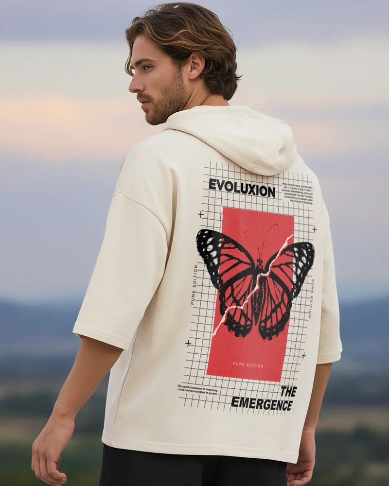 bewakoof Men's Beige Evolve Graphic Printed Oversized Hoodie T-shirt