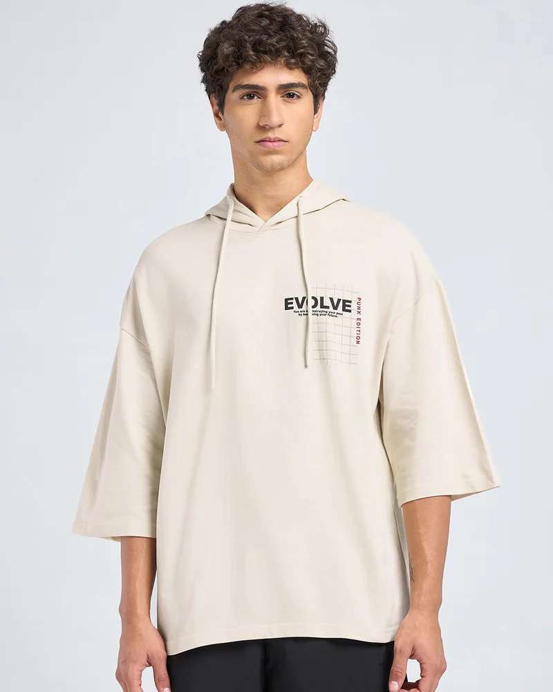 bewakoof Men's Beige Evolve Graphic Printed Oversized Hoodie T-shirt