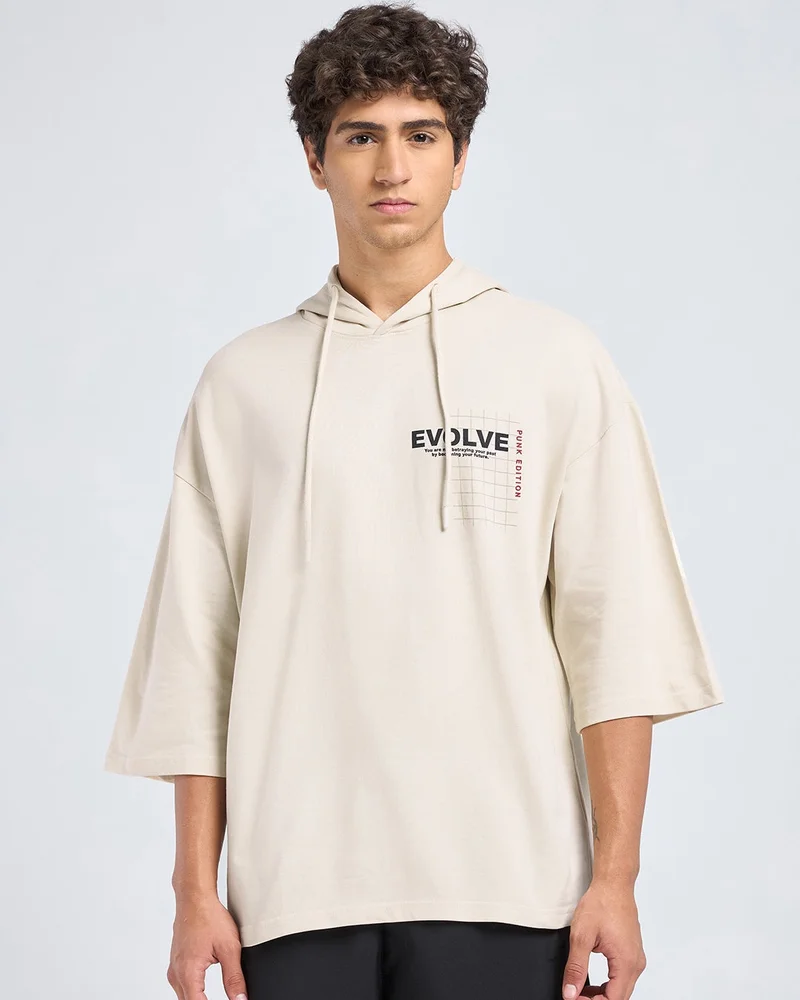bewakoof Men's Beige Evolve Graphic Printed Oversized Hoodie T-shirt